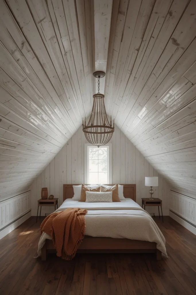 attic bedroom shot, featuring a whitewashed wood plank ceiling 