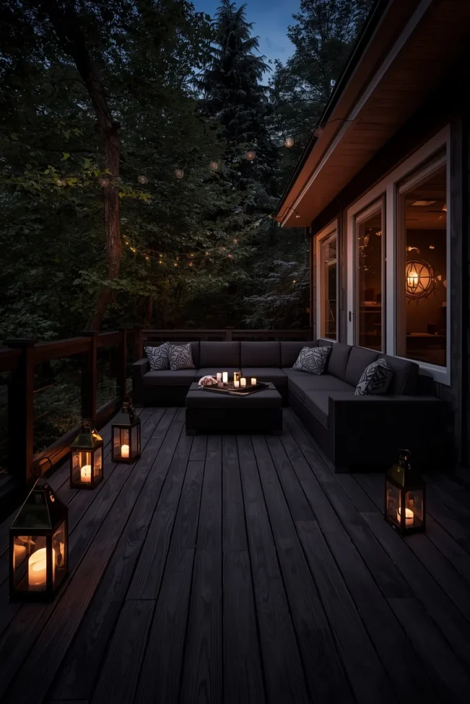 20 Back Deck Ideas That Make Your Outdoor Space Impossibly Inviting 20 moody evening deck, featuring dark stained decking boards,