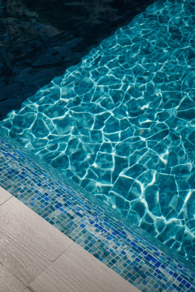 backyard pool, featuring a custom glass mosaic mural pattern 