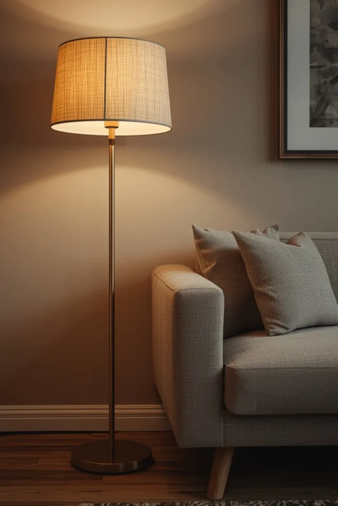  a warm brass floor lamp with linen shade