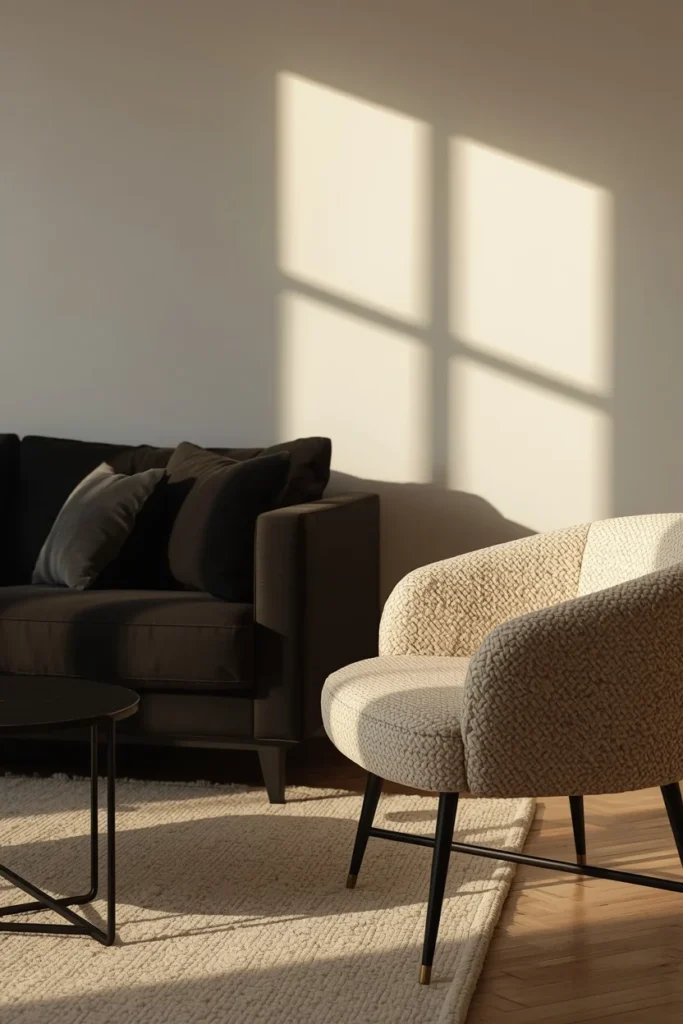 living room, featuring a black sofa beside two cream bouclé accent chairs,