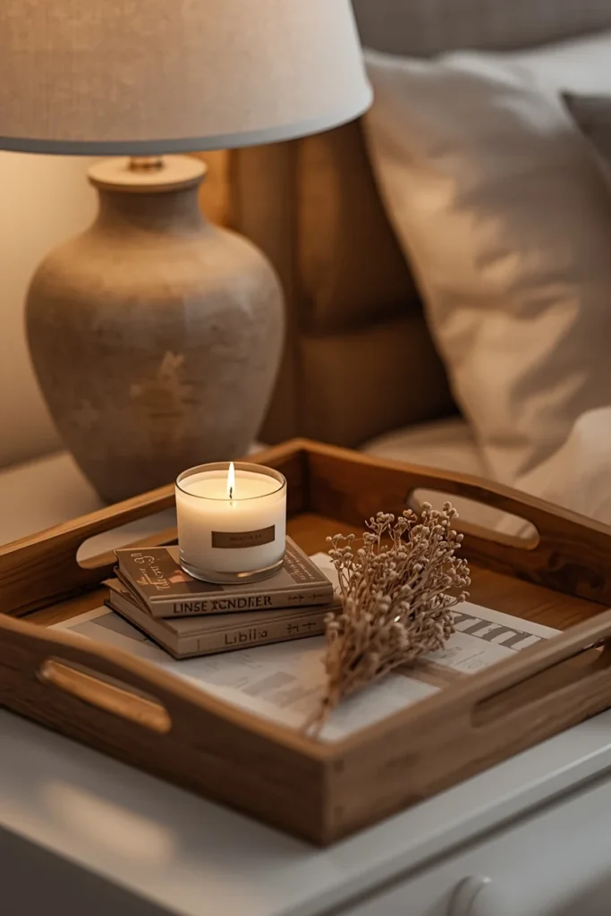 close-up nightstand styling shot, featuring a wood tray with a lit candle,