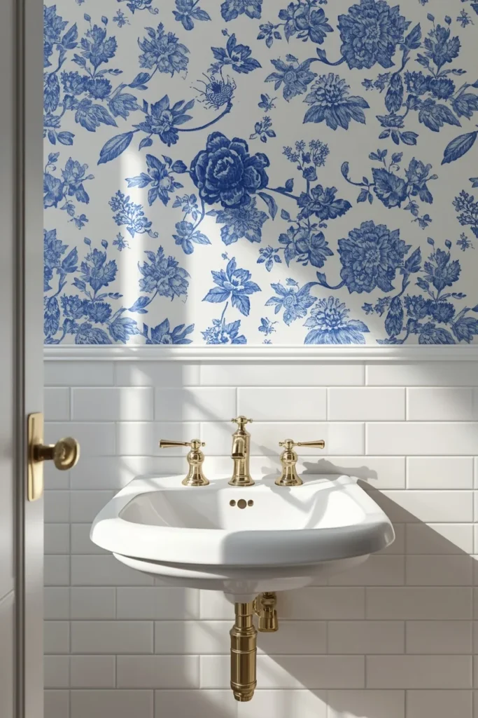 bathroom, featuring vintage Delft-style blue floral wallpaper