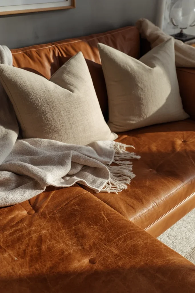  family room, featuring a warm cognac leather sectional sofa