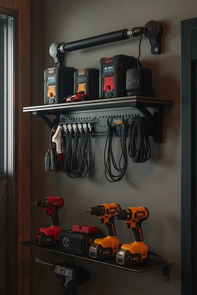 19 Garage Storage Ideas That Finally Tame the Chaos & Look Great Doing It 20 garage charging station, featuring a wall-mounted shelf