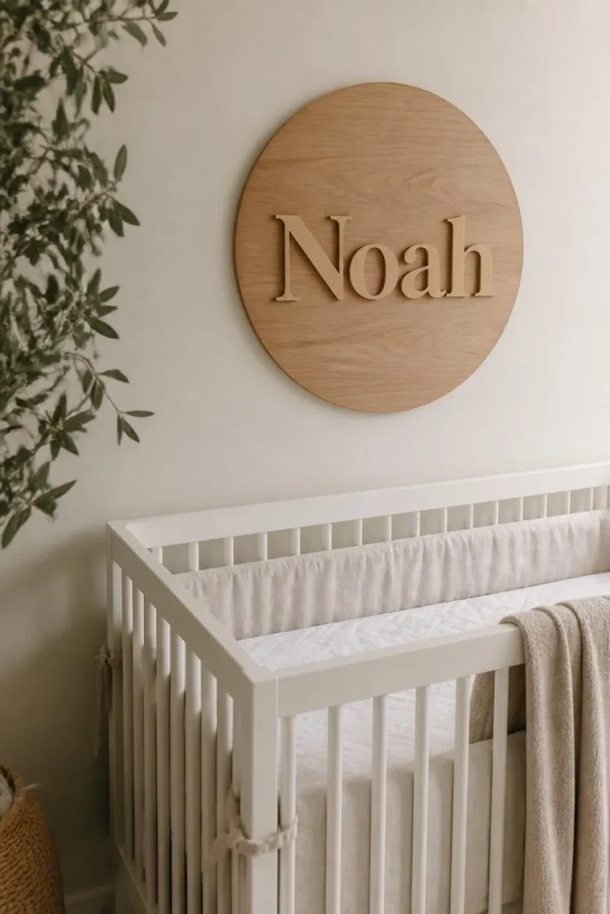 19 Gender Neutral Nursery Ideas That Are Modern, Stylish & Perfectly Timeless 20 nursery styling detail, featuring a simple wood name sign
