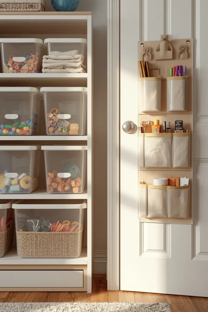children's playroom, featuring clear plastic storage bins