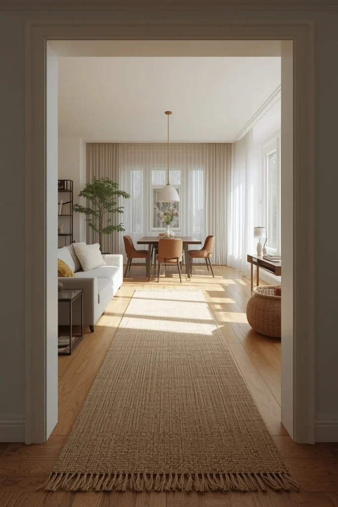 20 Genius Ways to Connect Your Living & Dining Room Seamlessly & Stylishly 20 narrow open concept room, featuring a long flatwoven wool runner