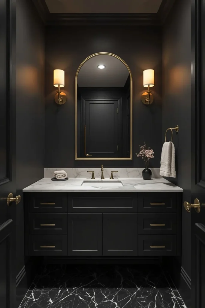 23 Half Bathroom Ideas That Turn a Tiny Room Into a Total Showstopper 20 Black and Gold Glam