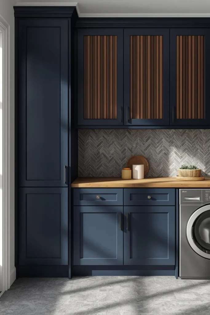 24 Laundry Room Ideas That Make the Most Dreaded Chore Actually Enjoyable 20 laundry room, featuring navy slatted cabinetry