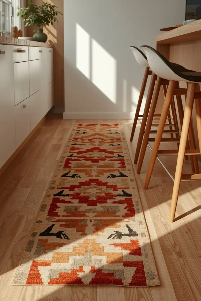 22 Mid Century Modern Kitchen Designs That Are Timeless & Stunning 19 mid century modern kitchen, featuring a bold geometric patterned runner rug
