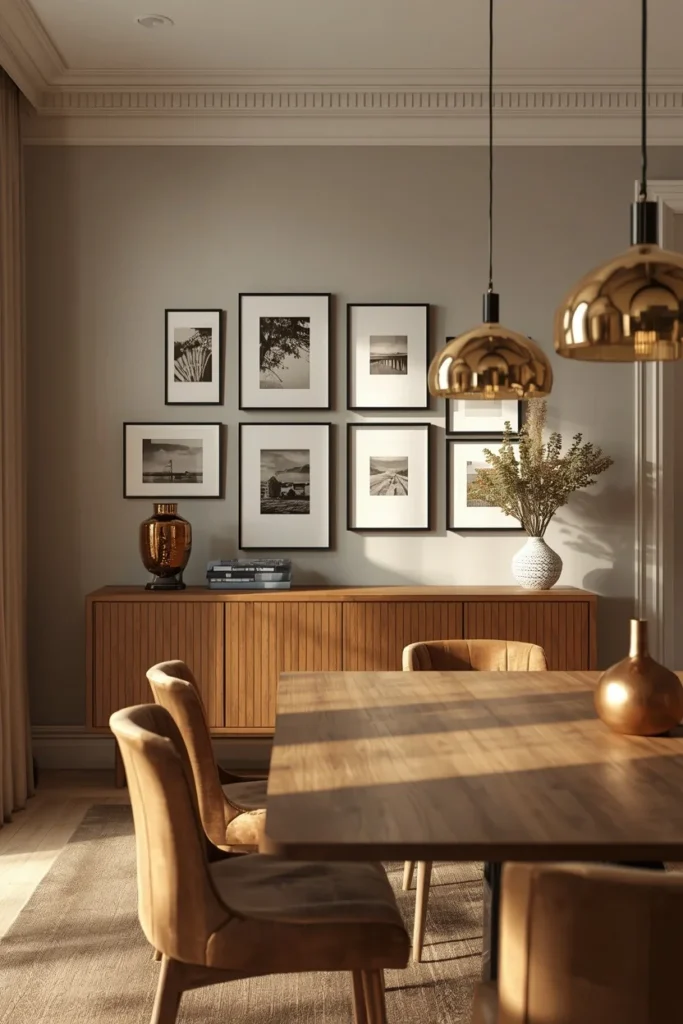 25 Modern Dining Room Ideas That Are Chic, Sleek & Totally Pin-Worthy 20 dining room, featuring a curated gallery wall with mixed frame sizes