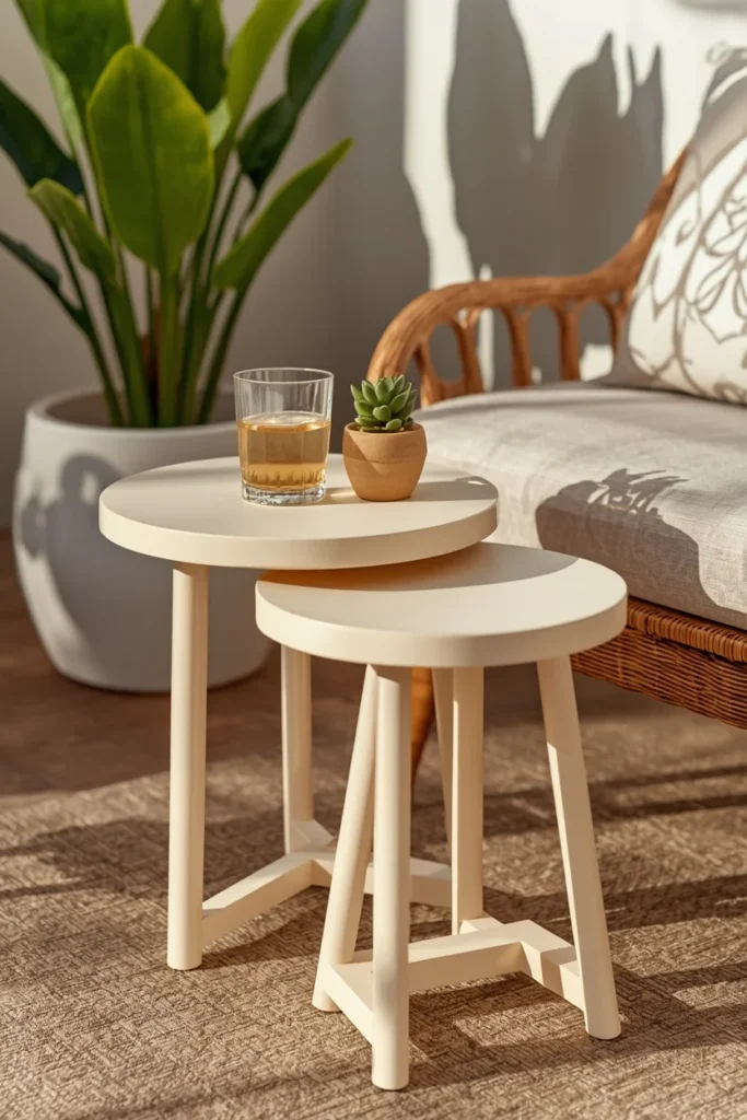 24 Outdoor Patio Furniture Ideas That Are Stylish, Comfy & Weather-Ready 20 patio seating vignette, featuring a set of three nesting round poly resin side tables