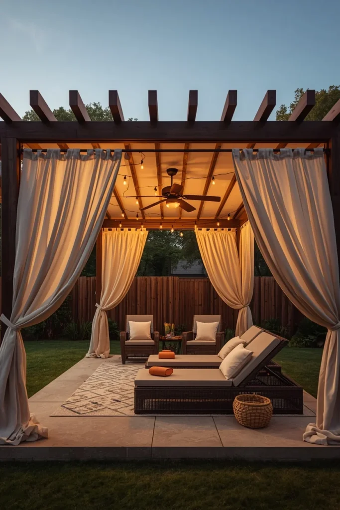 21 Pool House Ideas That Make Your Backyard Feel Like a Luxury Resort 20 backyard pergola cabana, featuring flowing UV-blocking curtains,
