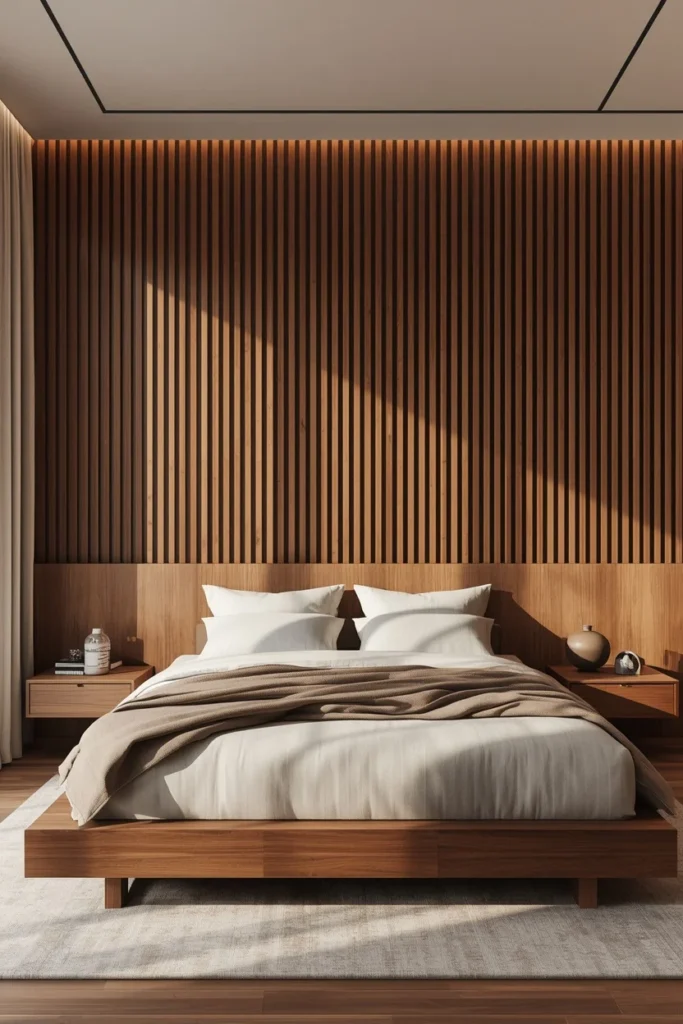 23 Rental Apartment Decor Ideas That Look Like You Actually Own the Place 20 rental bedroom, featuring a warm walnut-stained vertical wood slat accent wall