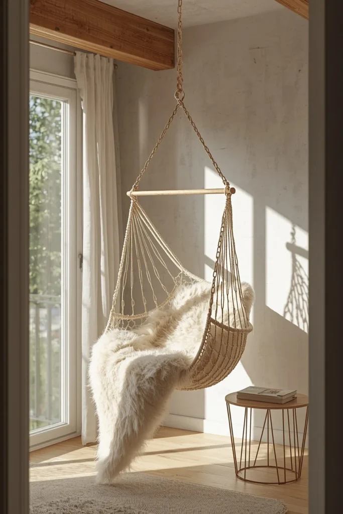 she shed interior, featuring a hanging hammock chair