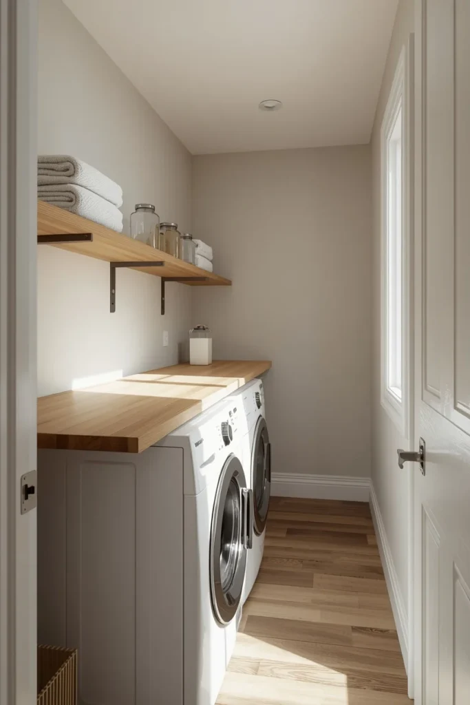 21 Small Laundry Room Ideas That Pack Function & Style Into Every Inch 20 galley-style small laundry room, featuring a single continuous wood shelf