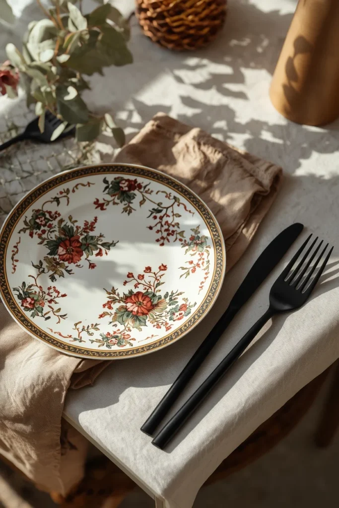 dining table place setting close-up, featuring a vintage floral porcelain plate 