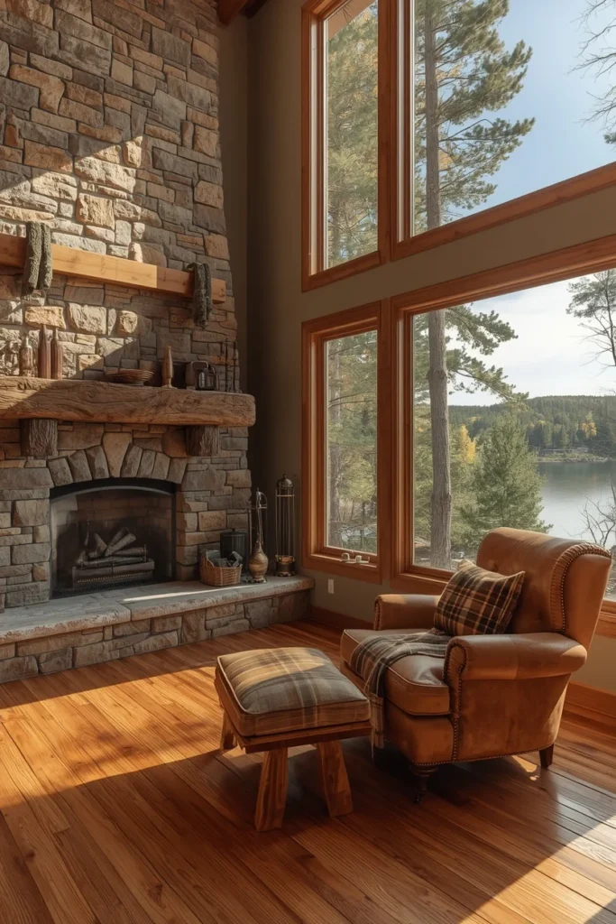  lake house living room, featuring warm hickory wood flooring,
