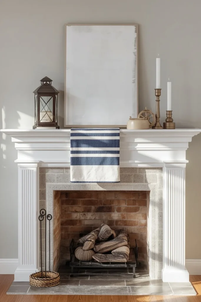  fireplace mantel, featuring a navy and white striped runner,