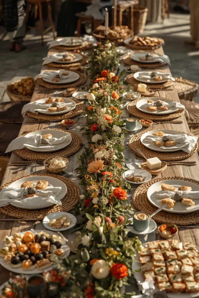 buffet-style summer table featuring an abundant spread of small plates, 