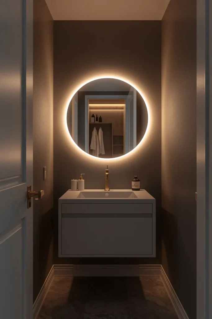  small powder room, featuring a round backlit LED mirror 