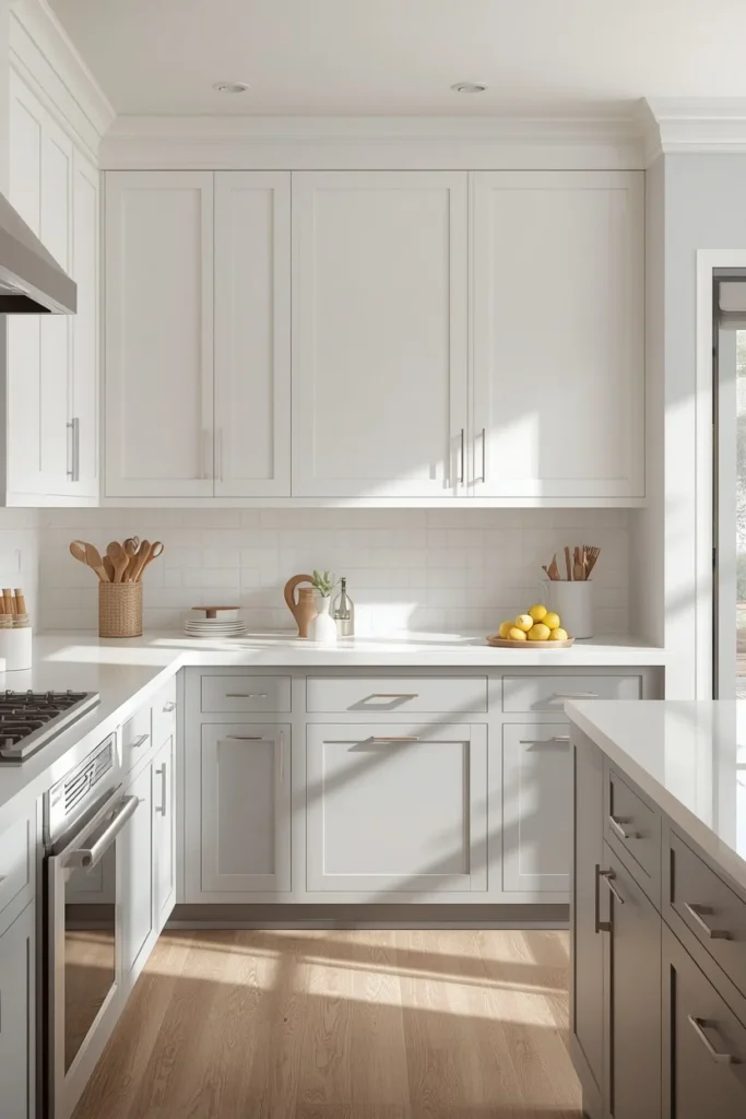 kitchen, featuring white upper cabinets and soft gray lower cabinets,