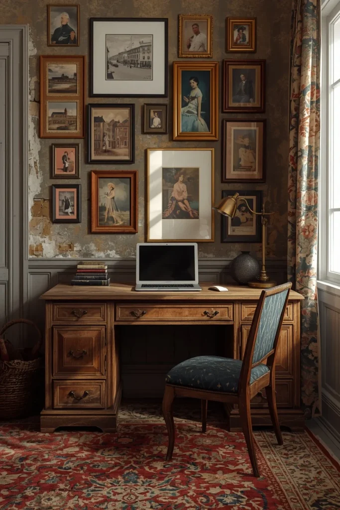 vintage eclectic home office, featuring a weathered antique wood desk