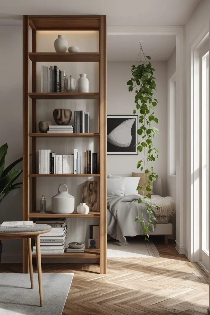 25 Apartment Living Room Ideas That Are Stylish, Smart and Totally Renter-Safe 3 freestanding shelving room divider in a studio apartment,