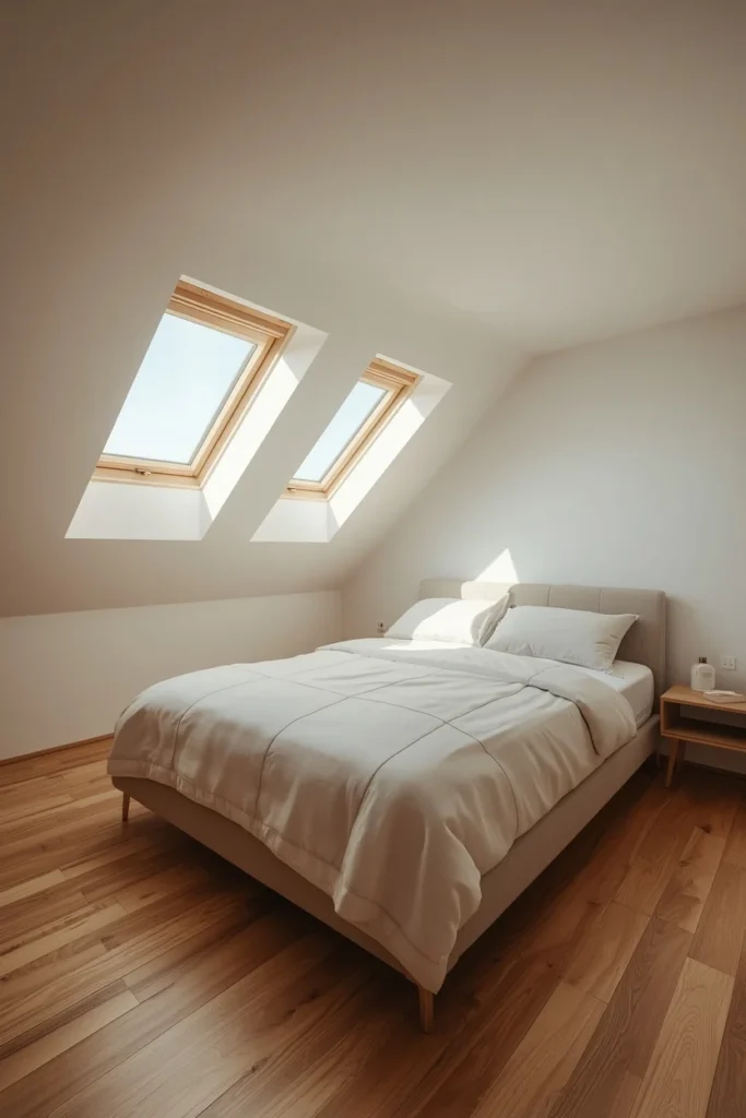 attic bedroom wide shot, featuring two skylights positioned along a sloped ceiling