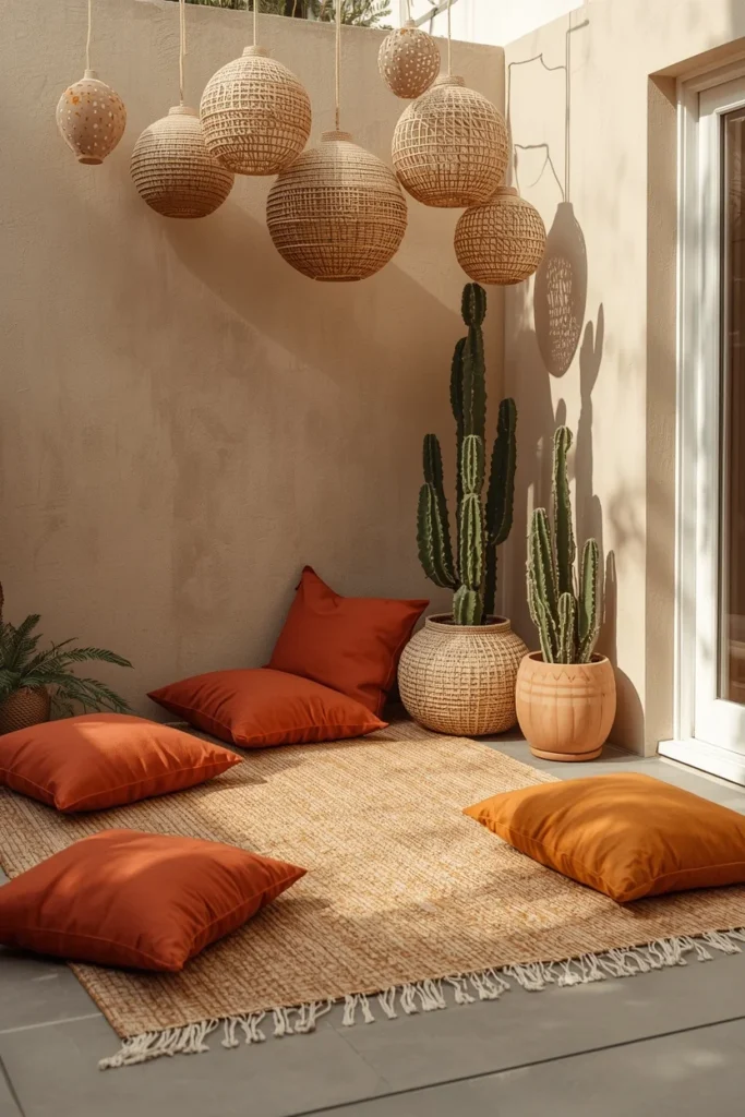 17 Back Patio Ideas That Transform Any Outdoor Space Into a Cozy Retreat 3 boho backyard patio, featuring scattered floor cushions