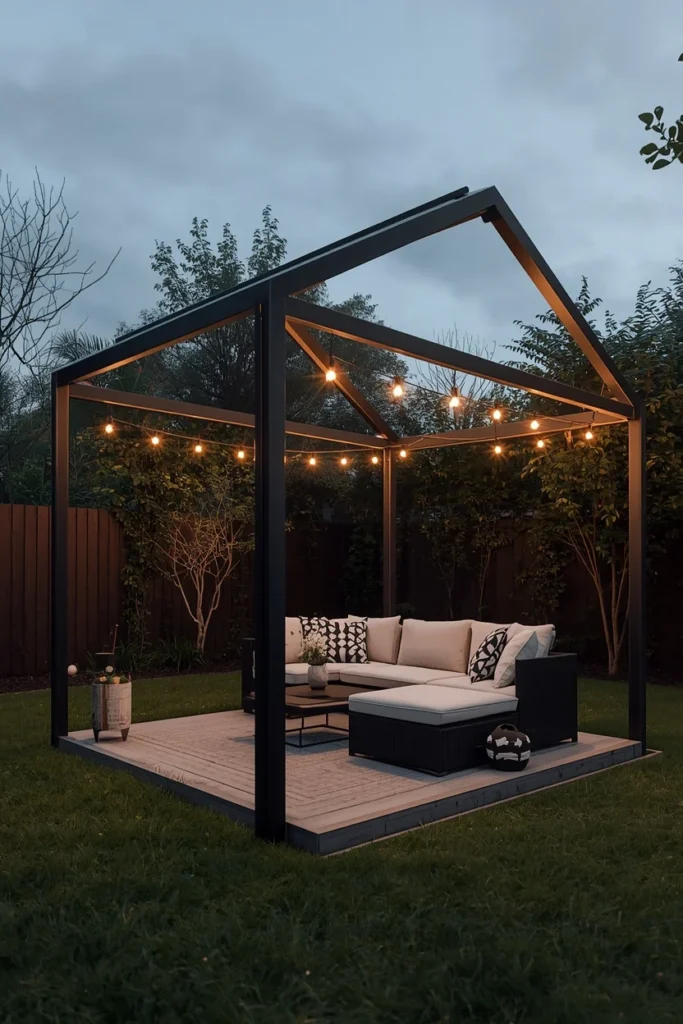  a modern black powder-coated steel gazebo