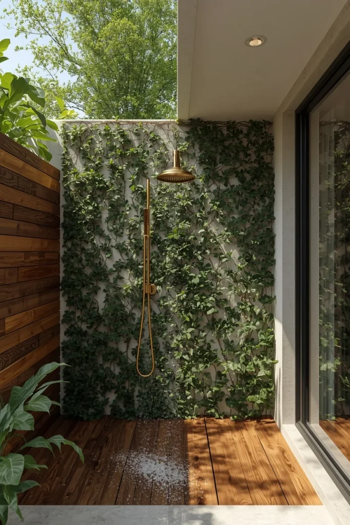 outdoor shower station beside a pool house