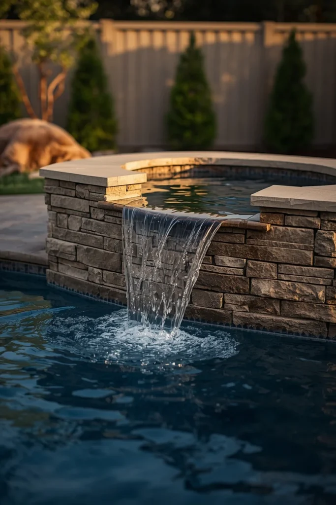 backyard pool, featuring a raised stone spillover spa