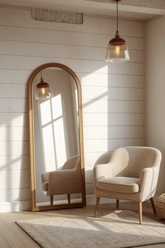 basement living room corner, featuring warm brass wall