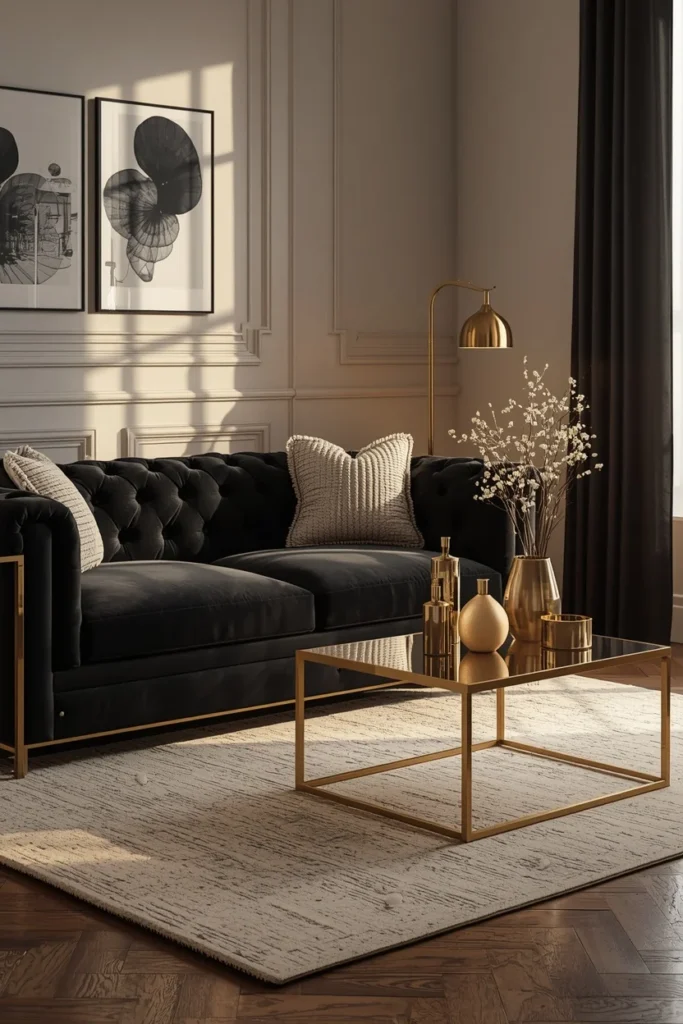 living room, featuring a black tufted sofa,