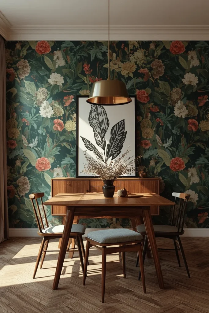 16 Boho Dining Room Ideas That Are Colorful, Layered & Totally Stunning 3 dining room, featuring a large-scale botanical wallpaper