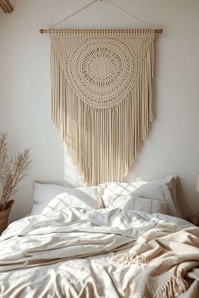 bedroom wide angle shot, featuring an oversized cream macrame wall 