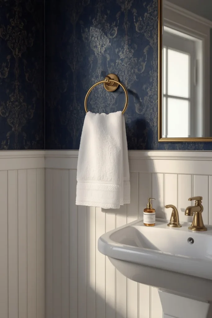  bathroom, featuring navy damask wallpaper