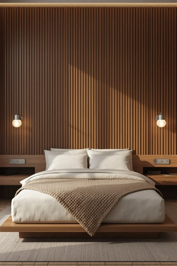 16 Classy Bedroom Ideas That Ooze Quiet Luxury Without the Price Tag 3 bedroom headboard wall, featuring evenly spaced vertical wood slats