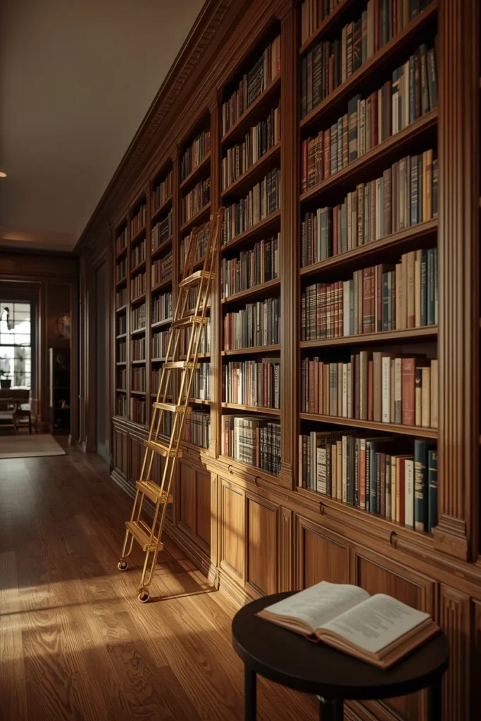 24 Dream Home Library Ideas That Are So Beautiful They'll Take Your Breath Away 3 home library, featuring a brass rolling library ladder