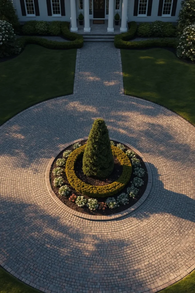 grand colonial home exterior, featuring a circular paver driveway