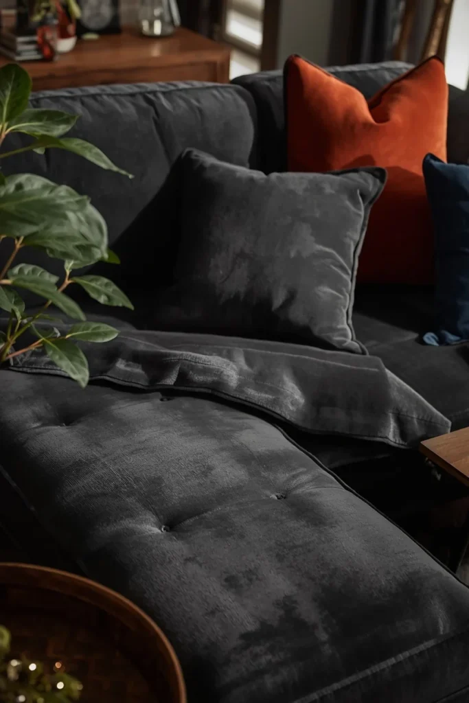  family room, featuring a deep charcoal performance velvet sectional sofa