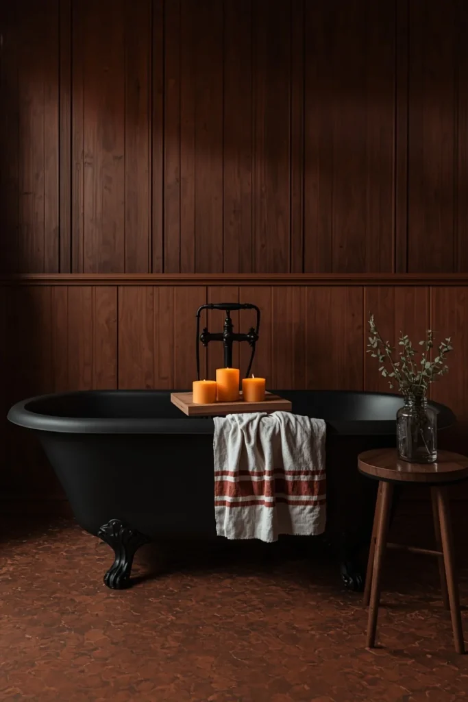 20 Farmhouse Bathroom Ideas That Are Rustic, Cozy & Utterly Gorgeous 3 Rustic farmhouse bathroom centered on a matte black exterior clawfoot bathtub