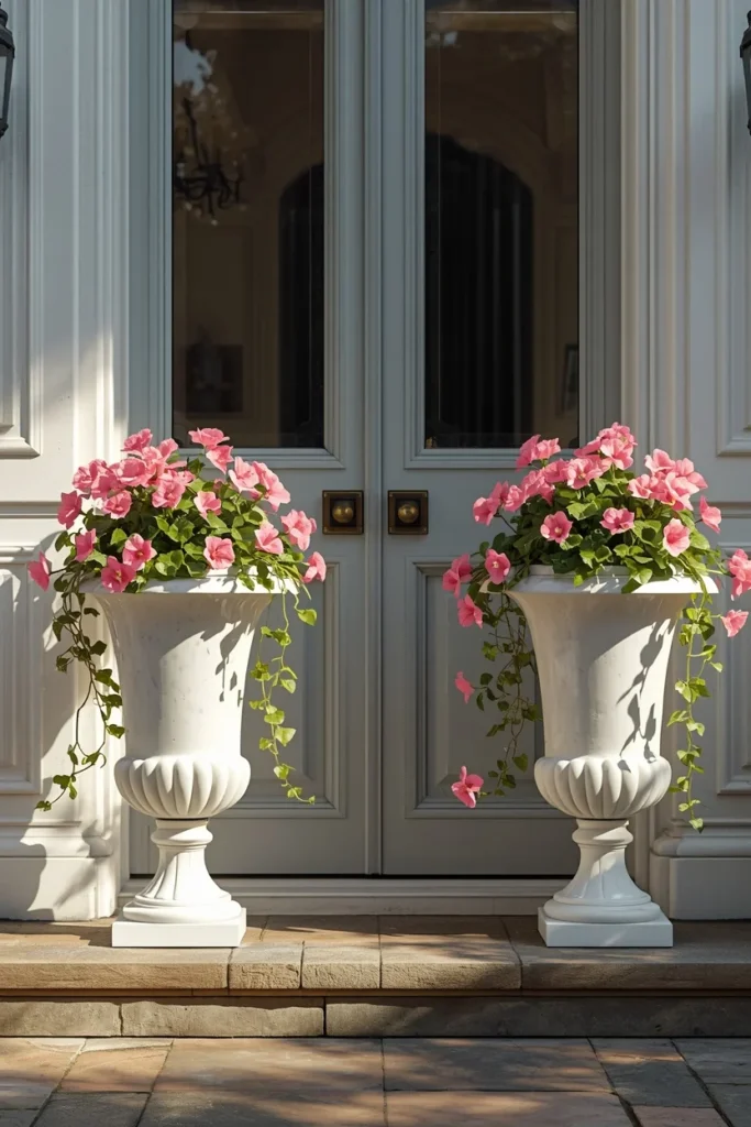 22 Front Porch Flower Ideas That Make Your Home's Entrance Bloom Beautifully 3 pair of matching glazed white ceramic urns flanking a front door,