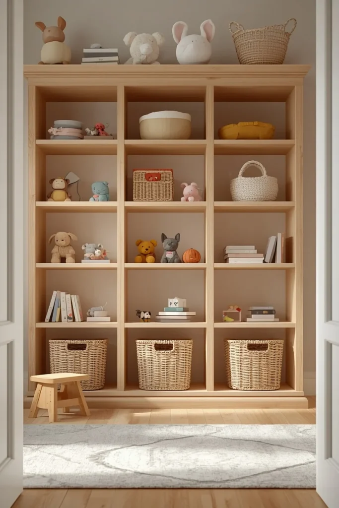  children's playroom, featuring low kid-height open wood shelving 