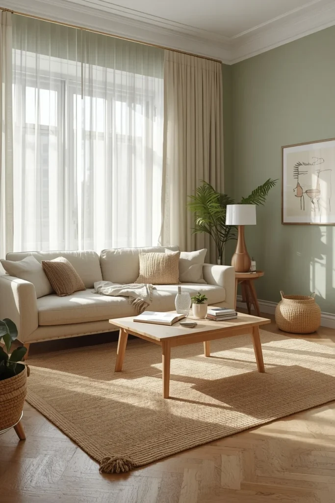 16 Green Living Room Ideas That Bring Life, Calm & Color to Any Space 3 living room, featuring soft sage green walls, natural linen sofa,