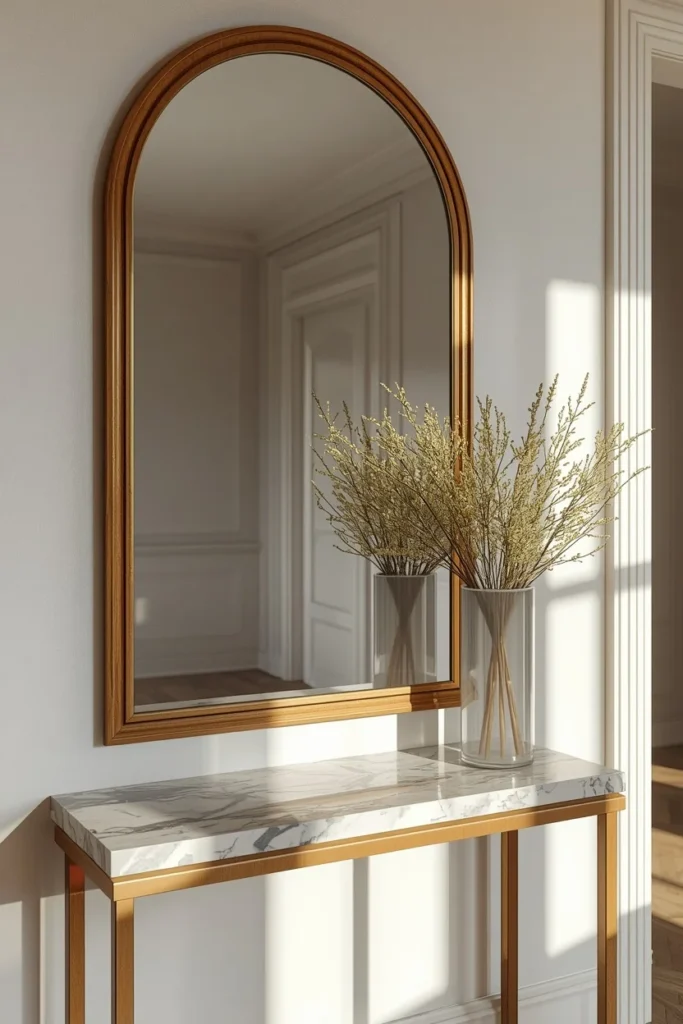 22 Home Entrance Decor Ideas That Make a Stunning First Impression Every Time 3 entryway, featuring a large arched mirror with a warm oak frame