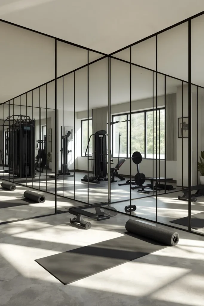home gym, featuring a full wall of floor-to-ceiling mirrors 