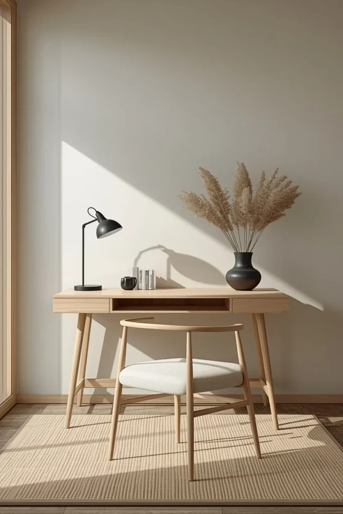  Japandi home office, featuring a low light-wood desk